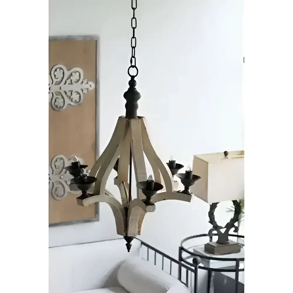 Rustic 6 light wood chandelier with black metal accents and chain suspension for dining hall entrance in distressed white wood