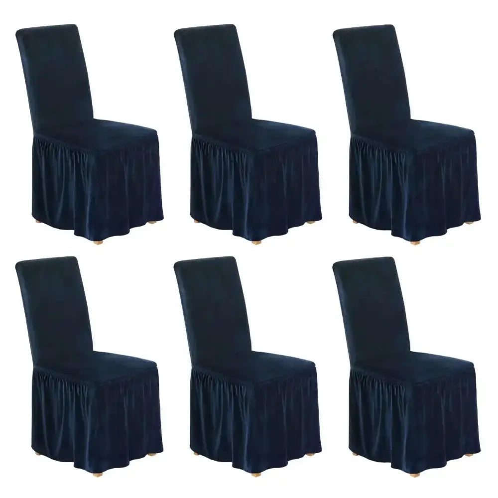Six navy blue velvet dining chair covers with ruffled skirts for velvet dining room chairs