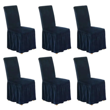 Six navy blue velvet dining chair covers with ruffled skirts for velvet dining room chairs