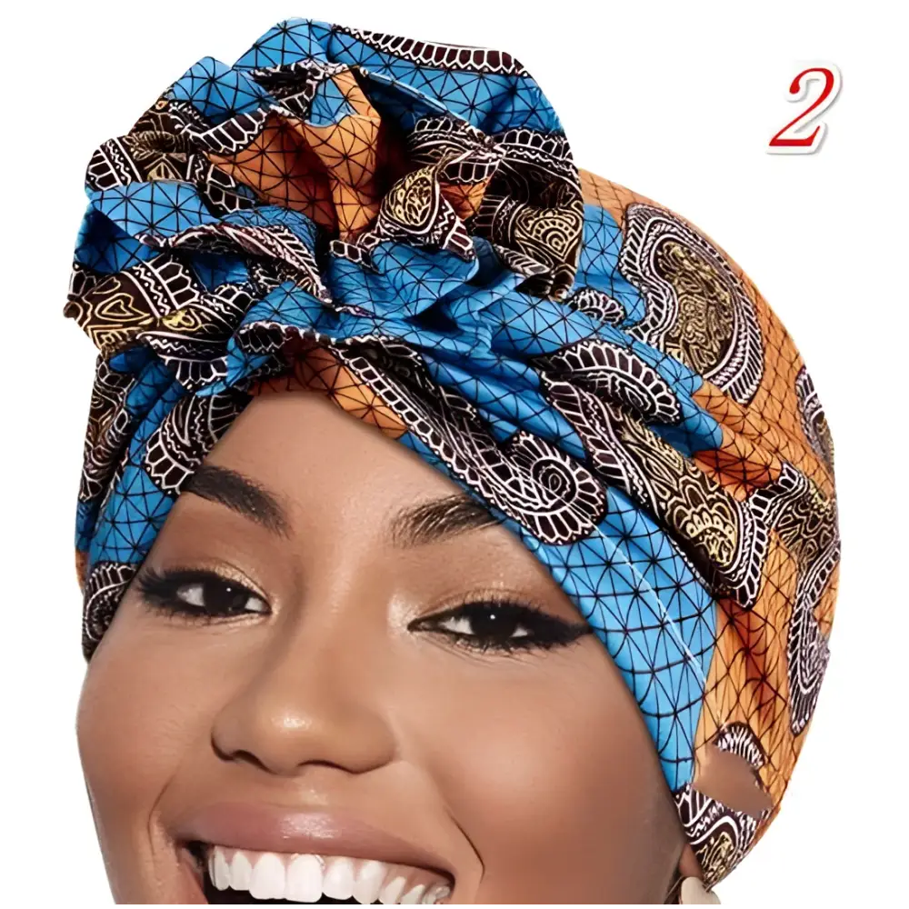Vibrant printed headband elastic set featuring a blue and orange patterned headwrap with intricate paisley designs