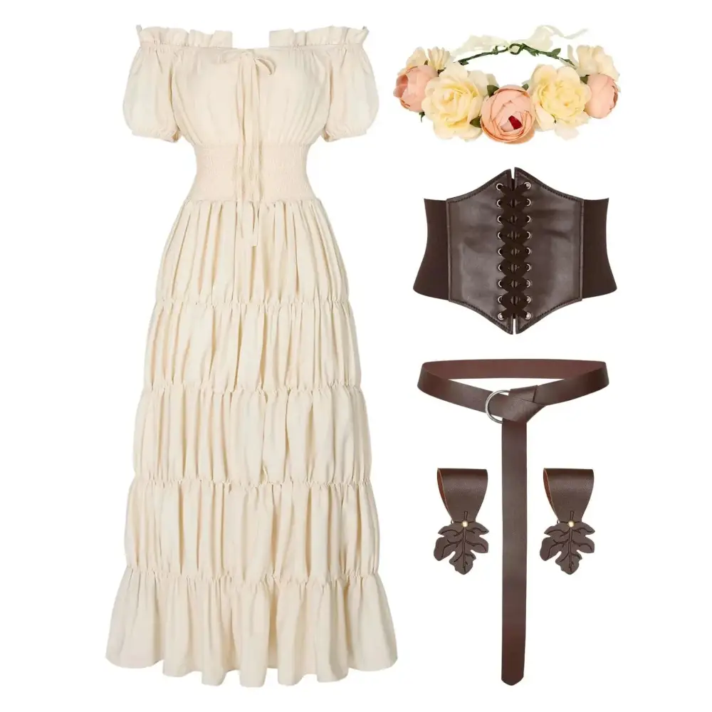 Cream tiered off-the-shoulder renaissance costume women dress with puffed sleeves and fitted waist in cream color