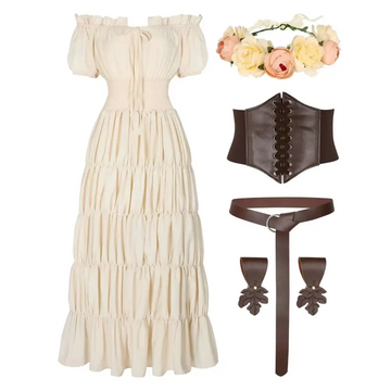Cream tiered off-the-shoulder renaissance costume women dress with puffed sleeves and fitted waist in cream color