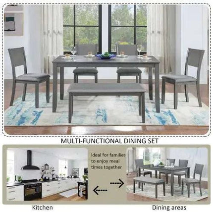 6 Piece Kitchen Dining Set, Rectangular Wooden Dining Table With 4 Upholstered Chairs And A Bench, Dining Table Set For 6 People, Living Room, Home Bar And Kitchen, Gray - Royalessencelux