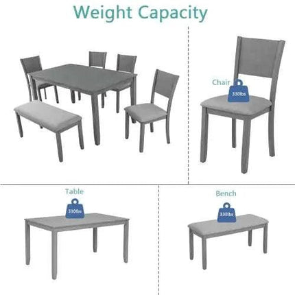 6 Piece Kitchen Dining Set, Rectangular Wooden Dining Table With 4 Upholstered Chairs And A Bench, Dining Table Set For 6 People, Living Room, Home Bar And Kitchen, Gray - Royalessencelux