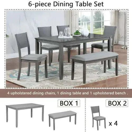 6 Piece Kitchen Dining Set, Rectangular Wooden Dining Table With 4 Upholstered Chairs And A Bench, Dining Table Set For 6 People, Living Room, Home Bar And Kitchen, Gray - Royalessencelux