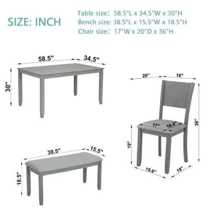 6 Piece Kitchen Dining Set, Rectangular Wooden Dining Table With 4 Upholstered Chairs And A Bench, Dining Table Set For 6 People, Living Room, Home Bar And Kitchen, Gray - Royalessencelux