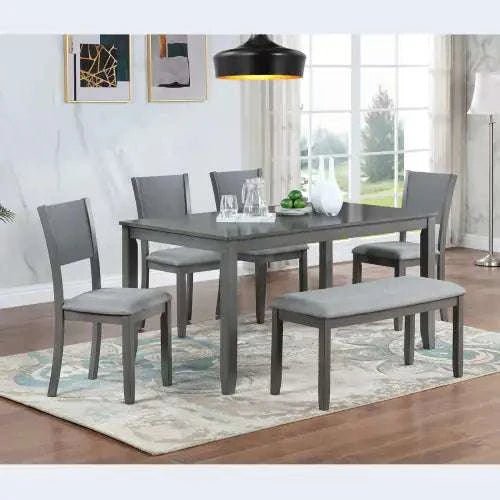 6 Piece Kitchen Dining Set, Rectangular Wooden Dining Table With 4 Upholstered Chairs And A Bench, Dining Table Set For 6 People, Living Room, Home Bar And Kitchen, Gray - Royalessencelux