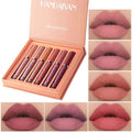 Handaivan 6 piece matte liquid lipstick set in peach box featuring six shades from nude to deep burgundy lip gloss