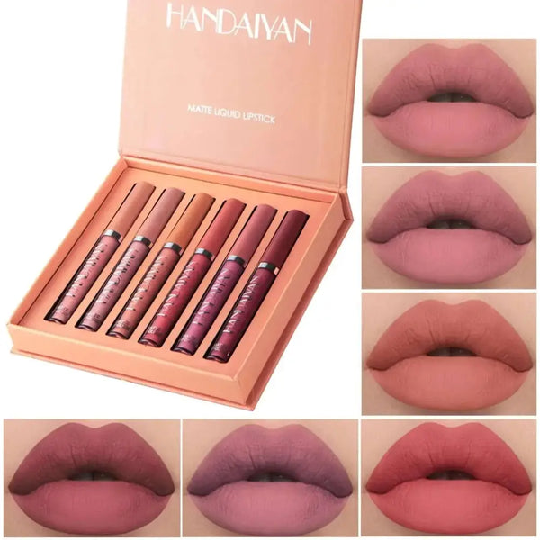 Handaivan 6 piece matte liquid lipstick set in peach box featuring six shades from nude to deep burgundy lip gloss