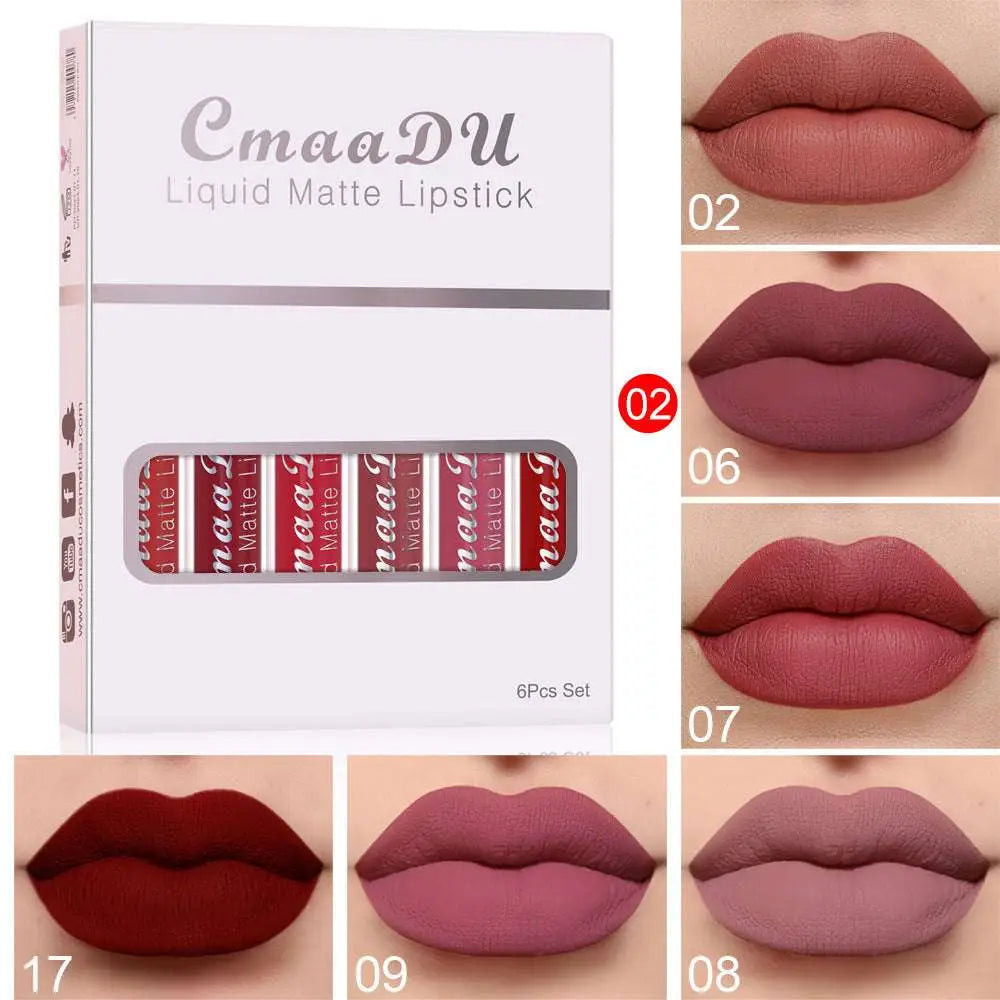 Cmaadu 6 piece matte waterproof lipstick set with six red-tinted long lasting tubes shades 02 to 09 in white box