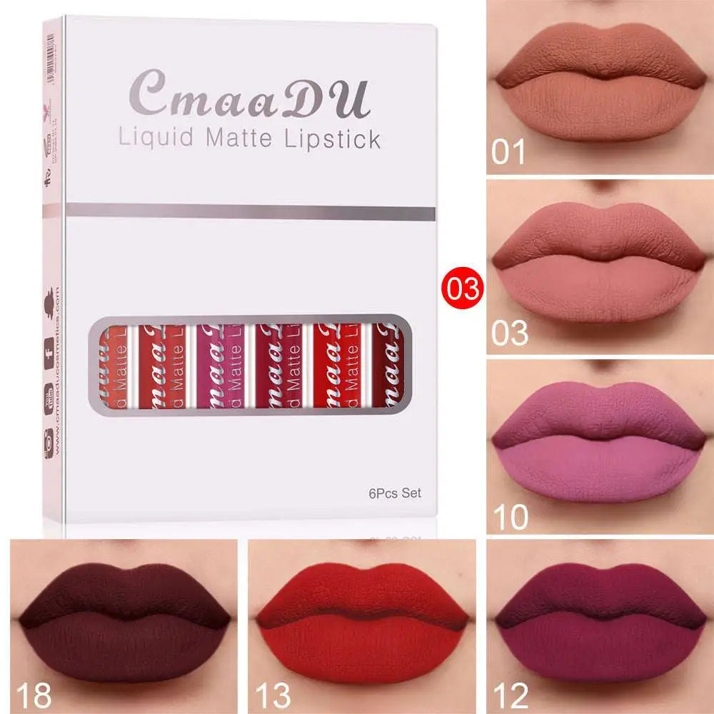 Cmaadu 6 piece matte waterproof lipstick long lasting set in white box with six red-tinted tubes from nude to burgundy