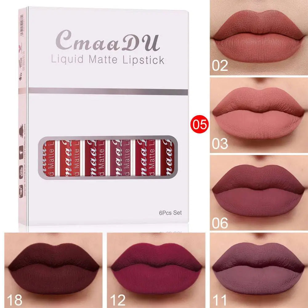 Cmaadu 6 piece matte waterproof lipstick set with six red-tinted tubes in shades from nude to deep burgundy long lasting