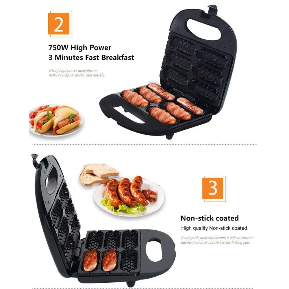 Black sokany brand 750w high-power 6 slot non stick sausage frying machine with handle for easy opening