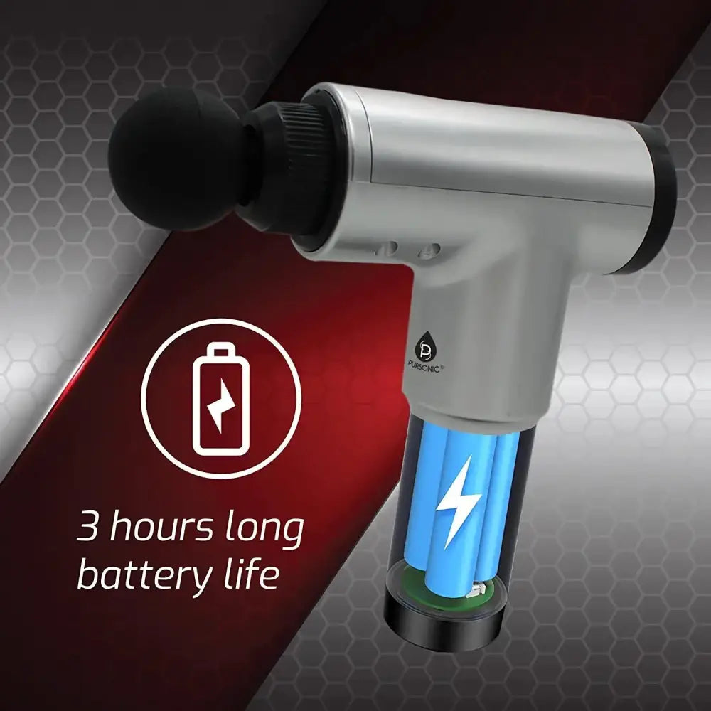 Silver and black cordless deep tissue massage gun with ergonomic design and three visible blue batteries reduces muscle recovery time