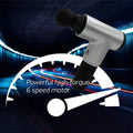Silver and black cordless deep tissue massage gun with textured grip and rounded head to reduce muscle recovery time