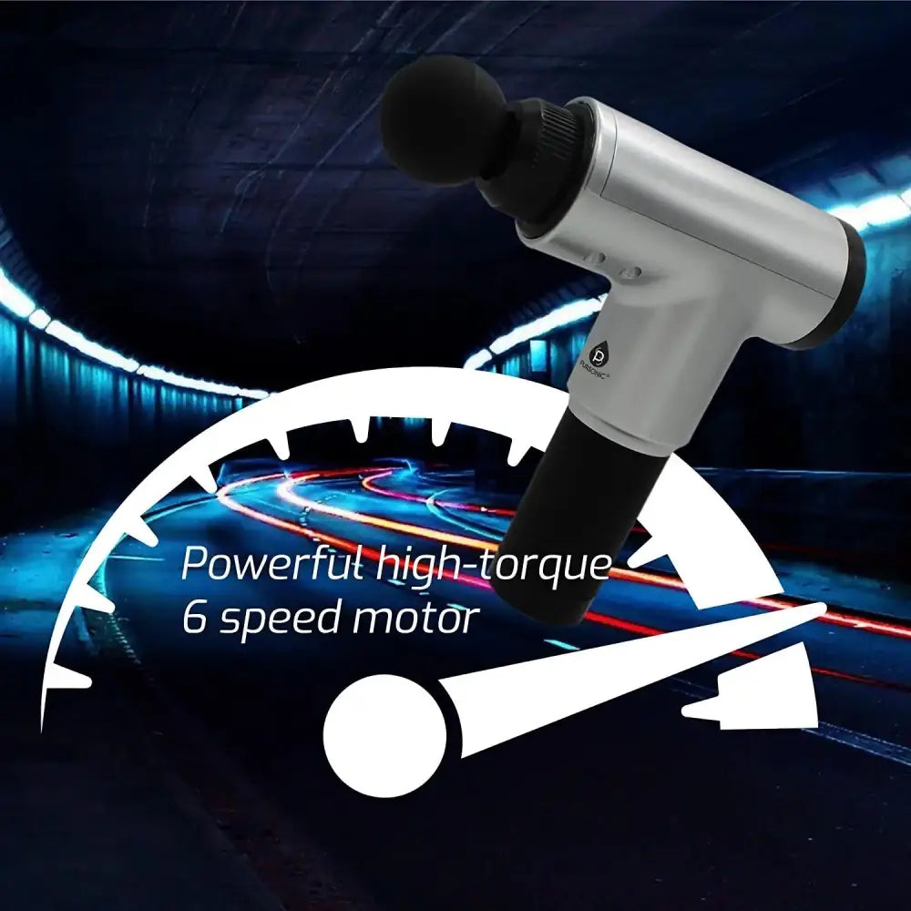 Silver and black cordless deep tissue massage gun with textured grip and rounded head to reduce muscle recovery time