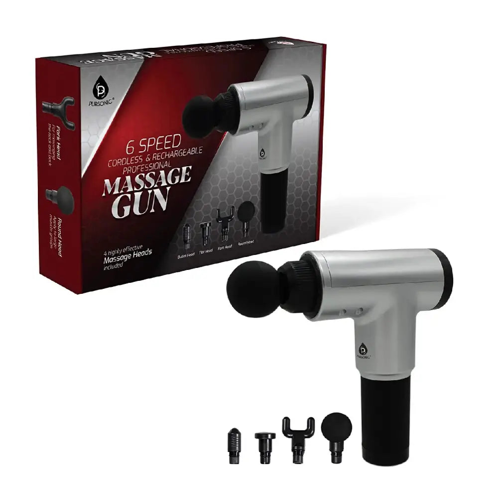 Silver and black cordless deep tissue massage gun with six speeds and interchangeable heads to reduce muscle recovery time