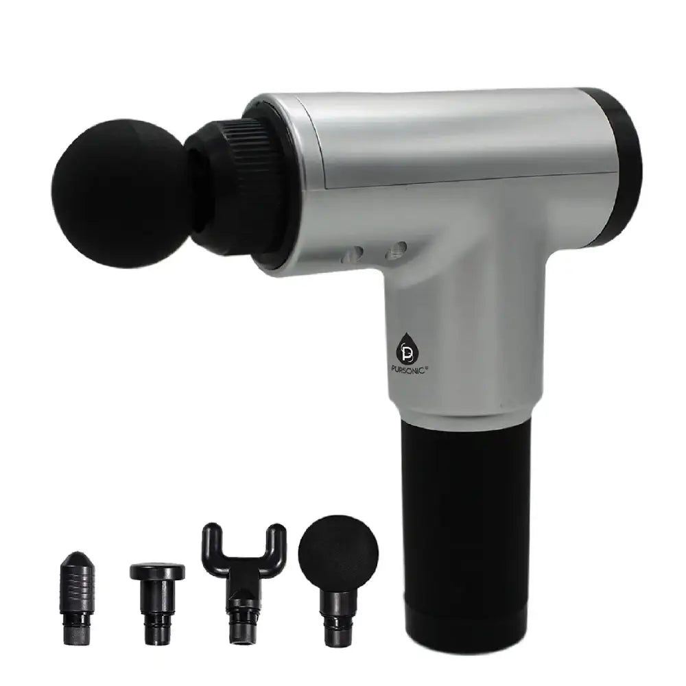 Silver and black cordless deep tissue massage gun with six speeds and interchangeable heads to reduce muscle recovery time