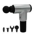Silver and black 6 speed cordless deep tissue massage gun with interchangeable attachments to reduce muscle recovery