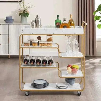 6 - Tier Bar Cart, Slide Bar Serving Cart, Retro Style Wine Cart For Kitchen, Beverage Cart With Wine Rack And Glass Holder, Rolling Drink Trolley For Living Room, Dining Room - Royalessencelux