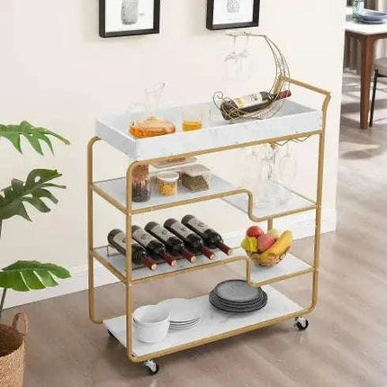 6 - Tier Bar Cart, Slide Bar Serving Cart, Retro Style Wine Cart For Kitchen, Beverage Cart With Wine Rack And Glass Holder, Rolling Drink Trolley For Living Room, Dining Room - Royalessencelux