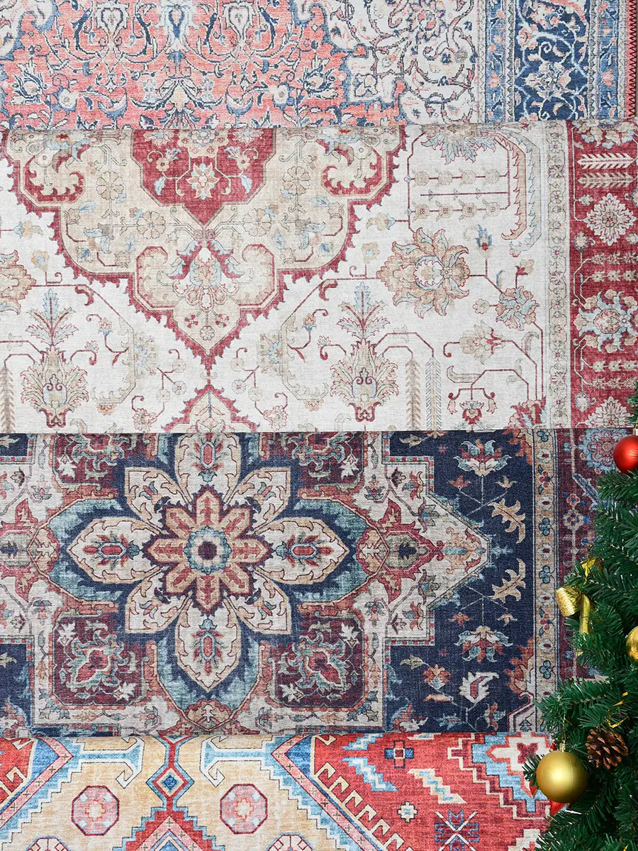 a collection of vintage-style burgundy ornate short pile area rugs featuring intricate floral and geometric patterns in muted reds blues creams and earthy tones suitable for luxury women’s fashion and plus size dresses bikinis settings
