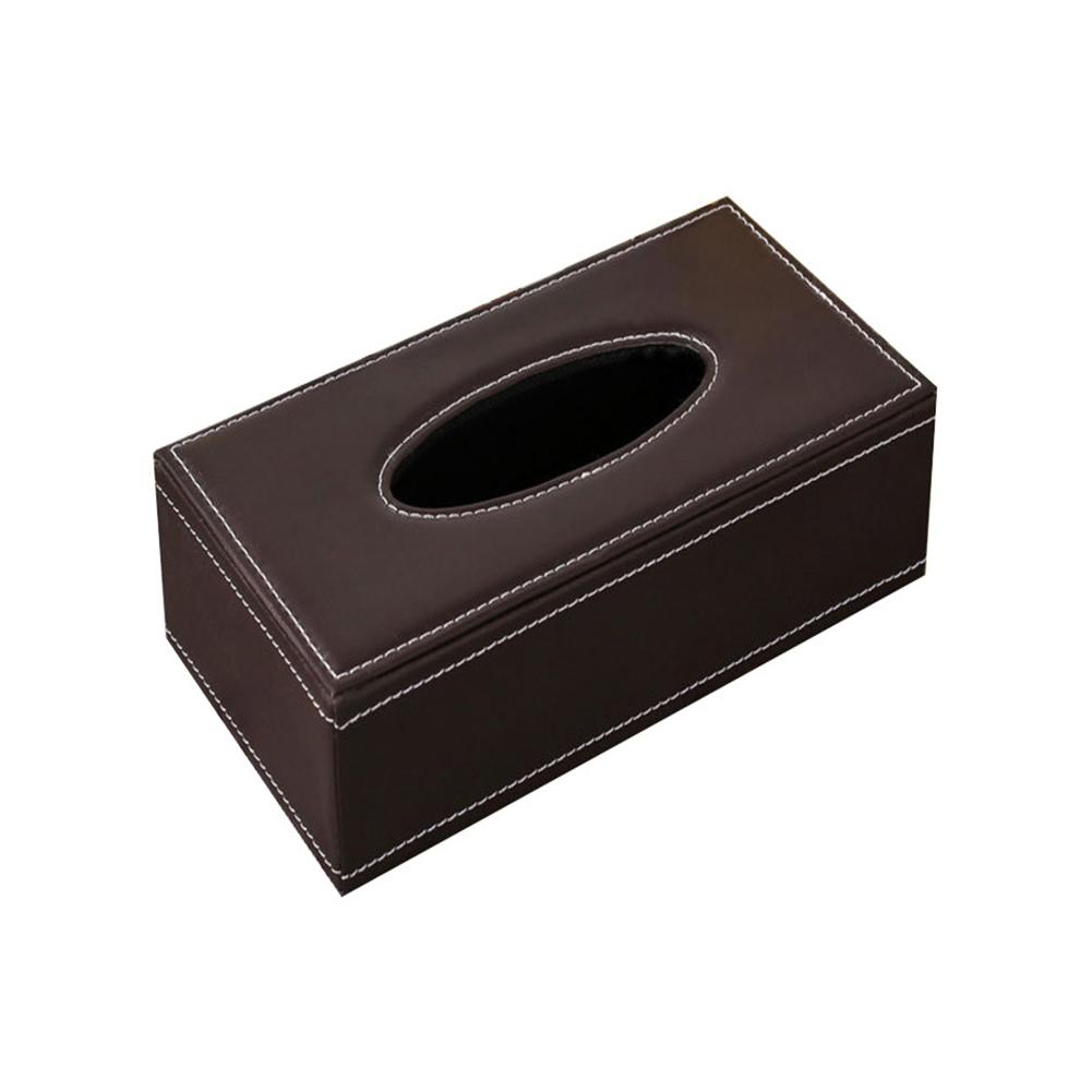 Black faux leather car tissue box cover in dark brown with white stitching and a central oval opening for tissues.