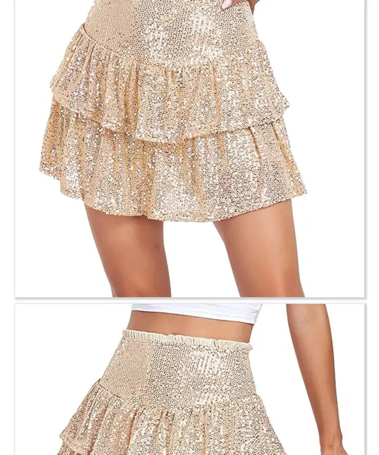 Red two tiered sequin dance skirt featuring a shimmering gold performance sequin mini skirt with three tiered ruffles and an elastic waistband.
