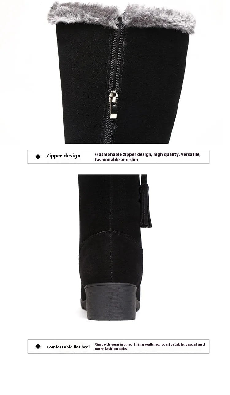 black suede martin boots autumn with a long furry gray faux fur trim and zipper closure designed for autumn and winter use