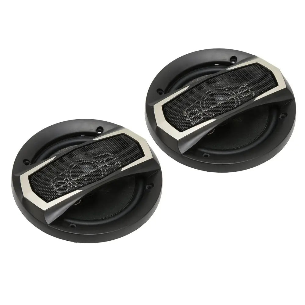 Black and silver 600w 6 inch coaxial car speakers with mesh grille featuring sleek modern design
