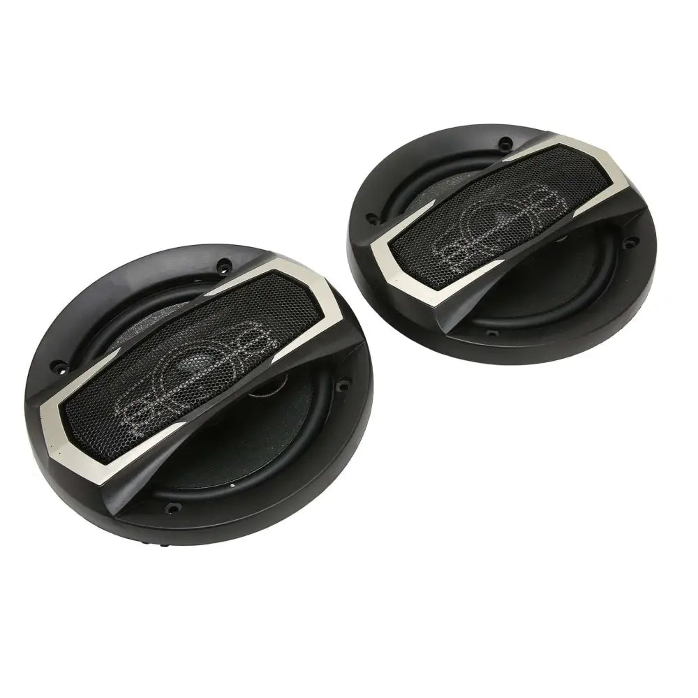 Black and silver 600w 6 inch coaxial car speakers with mesh grille featuring a sleek modern design