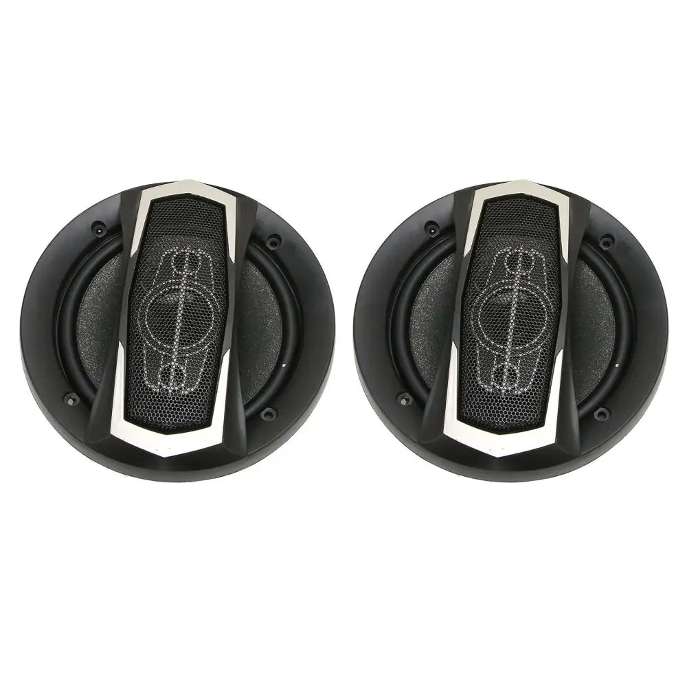 Black and silver 6 inch coaxial car speakers with mesh grille featuring sleek modern design for high power audio performance