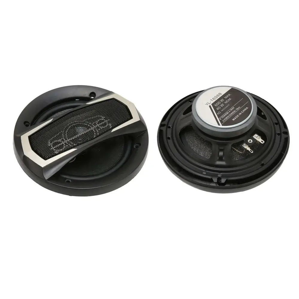 Black and silver 6 inch coaxial car speaker with mesh grille and circular design for high power audio performance