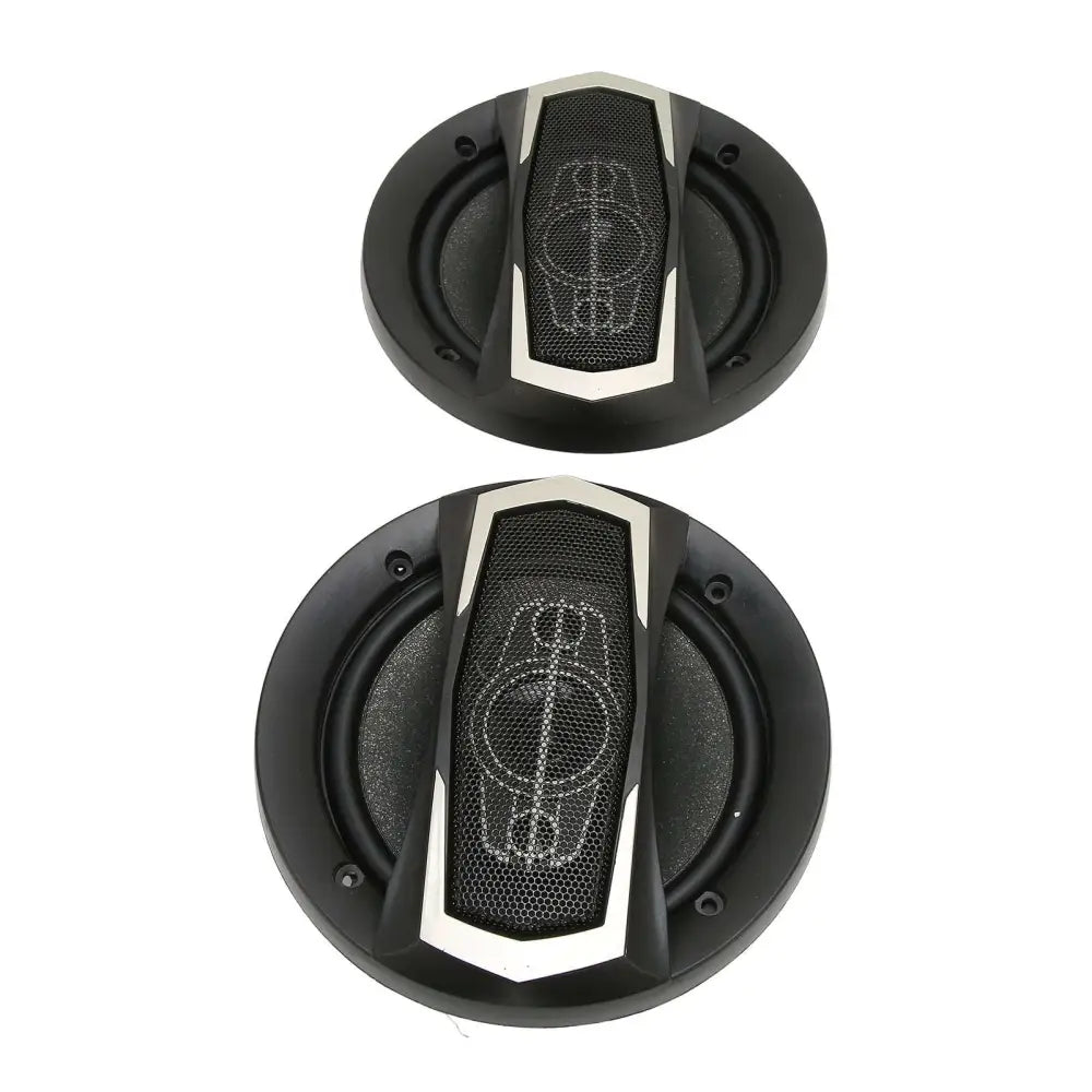 Black and silver 6 inch coaxial car speakers with mesh grille designed for high power 600w audio performance