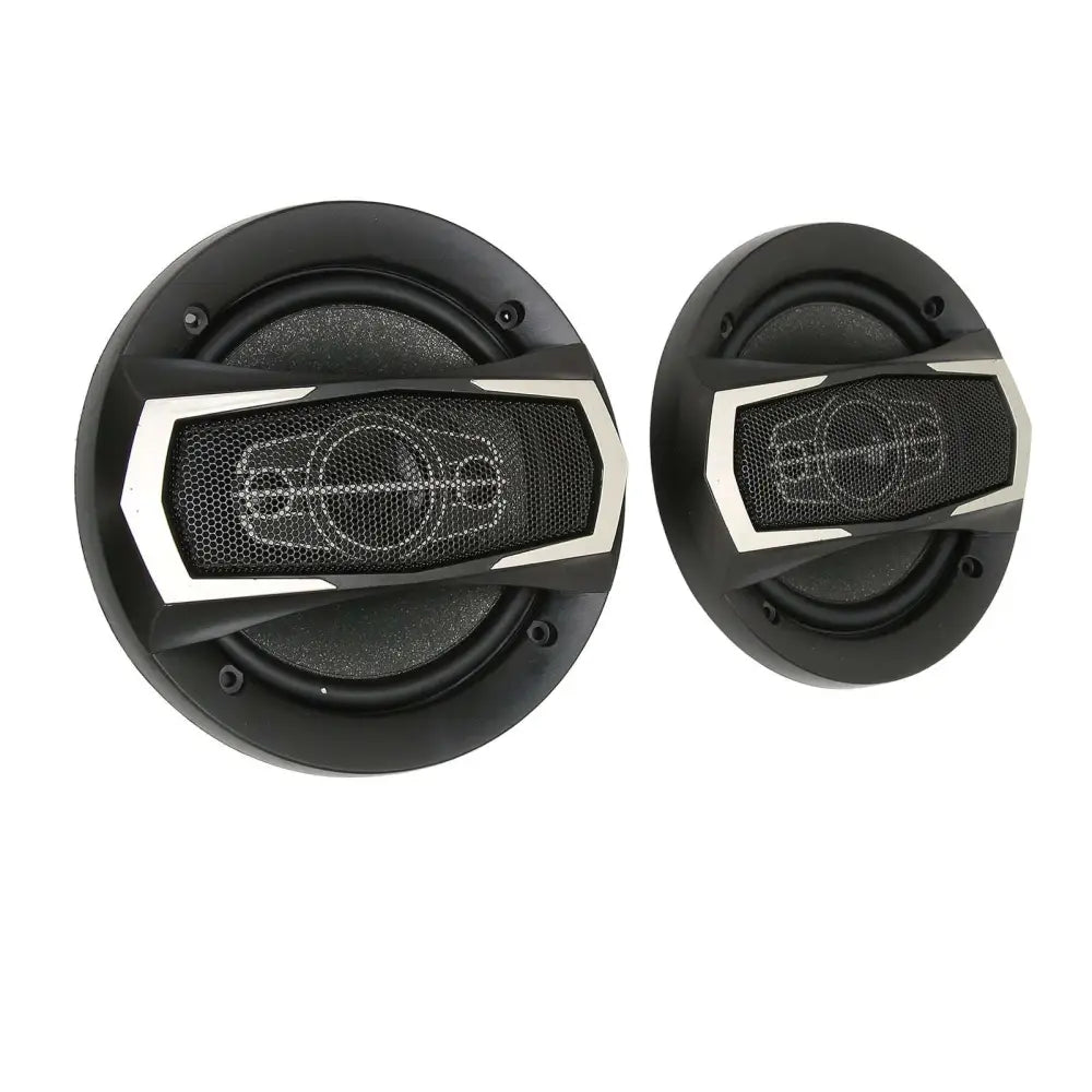 Black and silver 6 inch coaxial car speakers with mesh grille featuring a sleek modern design for high power audio