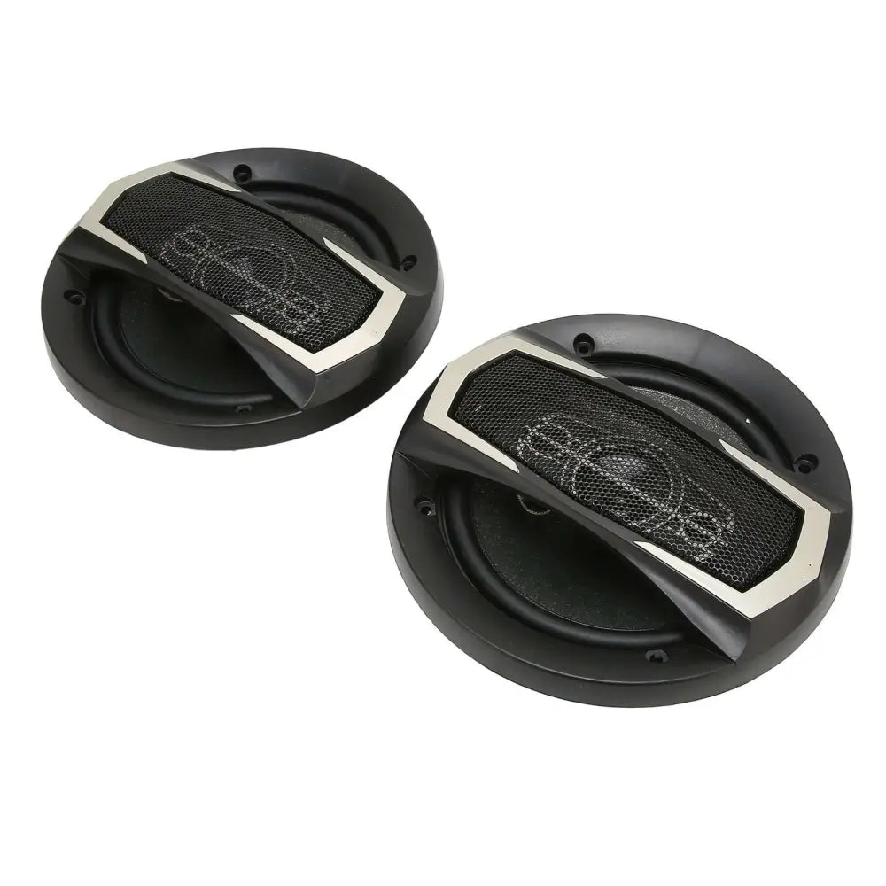 Black and silver 600w 6 inch coaxial car speakers featuring a durable mesh grille design for enhanced audio performance