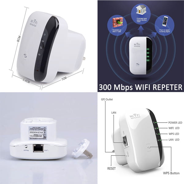 White and black 300m wifi repeater with plug-in design for wireless network extension providing 300 mbps speed.