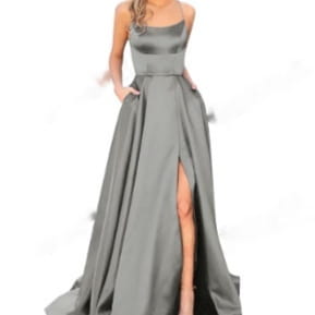 a solid color long slim purple satin evening gown features a sleek floor-length design with a fitted bodice and high slit for a slimming silhouette