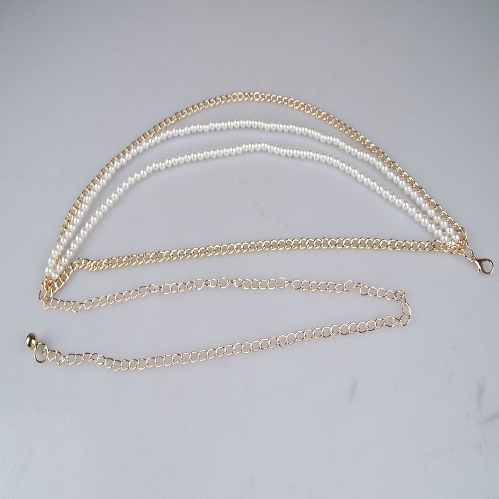 Gold-toned waist chain with two strands of white pearls and a matching clasp as jewelry accessories waist.