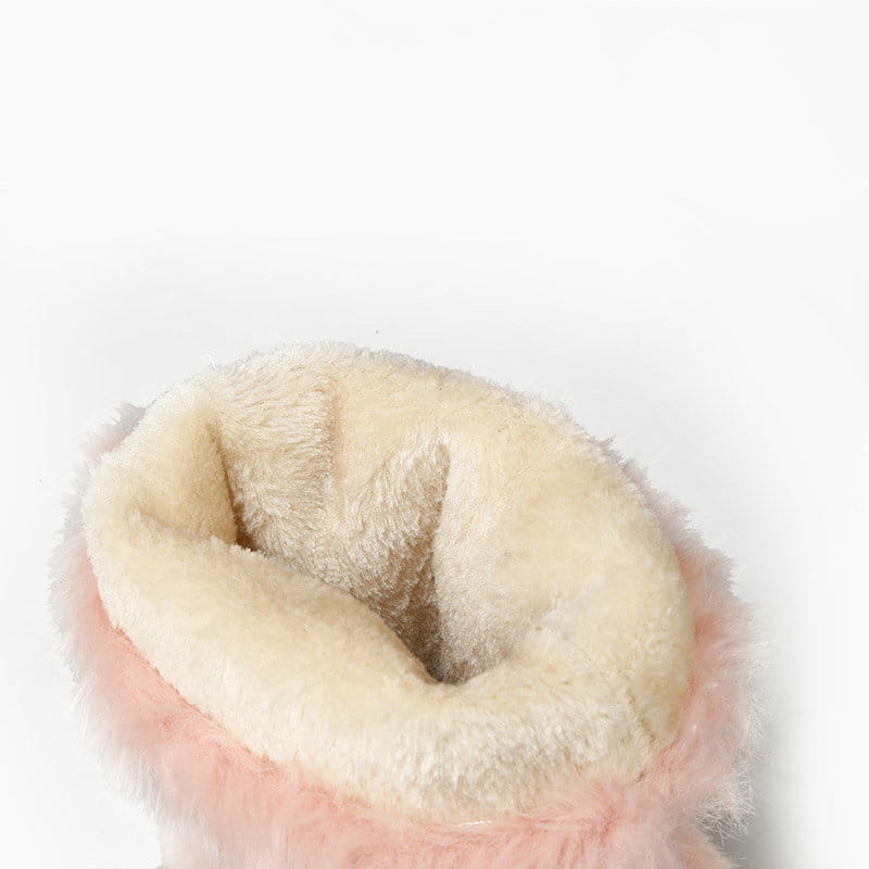 pink faux fur boot with cream-colored fleece lining featuring a white platform heel snow sweet design for winter wear sweet bow boots