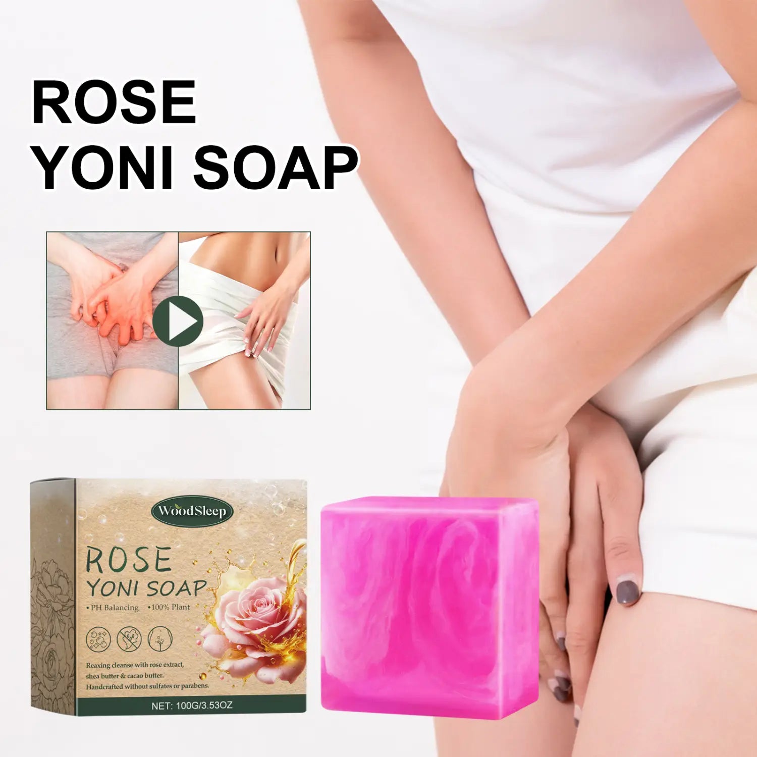 A vibrant pink translucent rose soap yoni bar from woodsleep designed to bath cleanses odors and relieves physical discomfort.