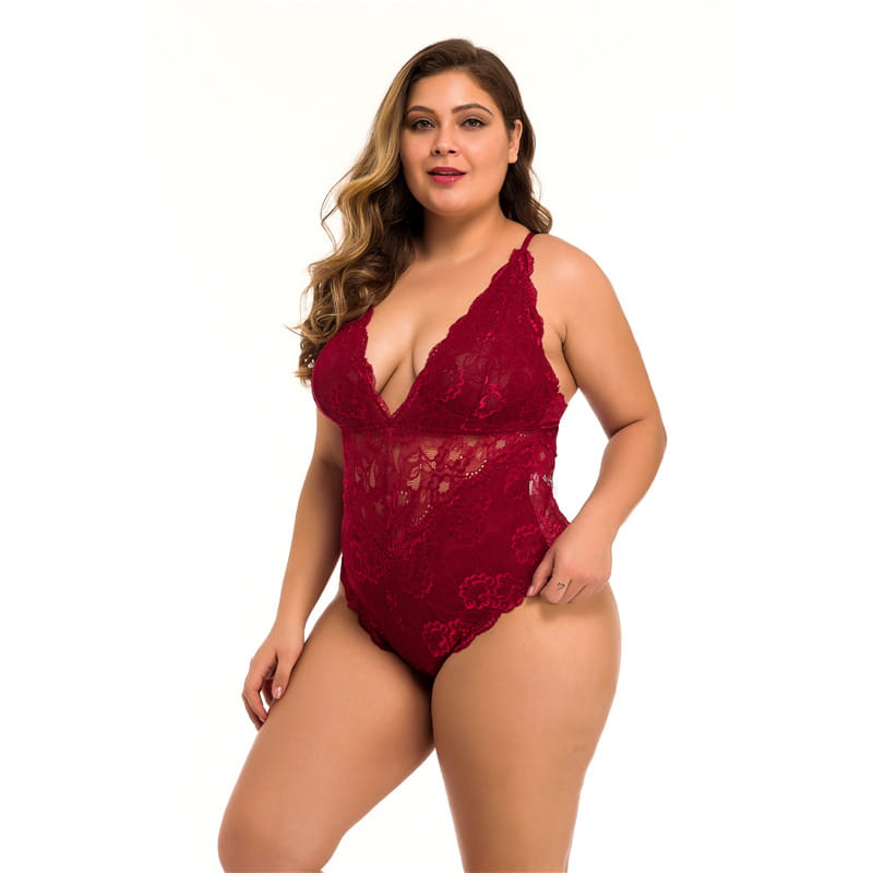 A deep red plus size lace meshsexy lingerie bodysuit featuring a plunging neckline and delicate floral patterns.