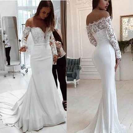 Fashion One Shoulder Lace Long Sleeve Dress Mopping Wedding Dress - Royalessencelux