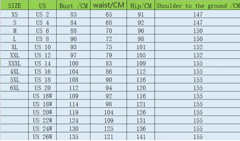 Size chart for a black lace slim mermaid tail wedding dress displaying bust waist hip and shoulder-to-ground measurements in US sizes and centimeters.