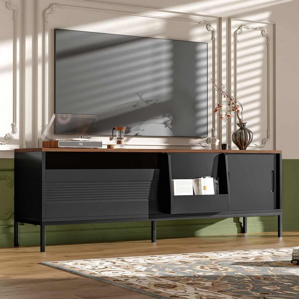 Walnut modern TV stand with metal frame and sliding doors – view 5