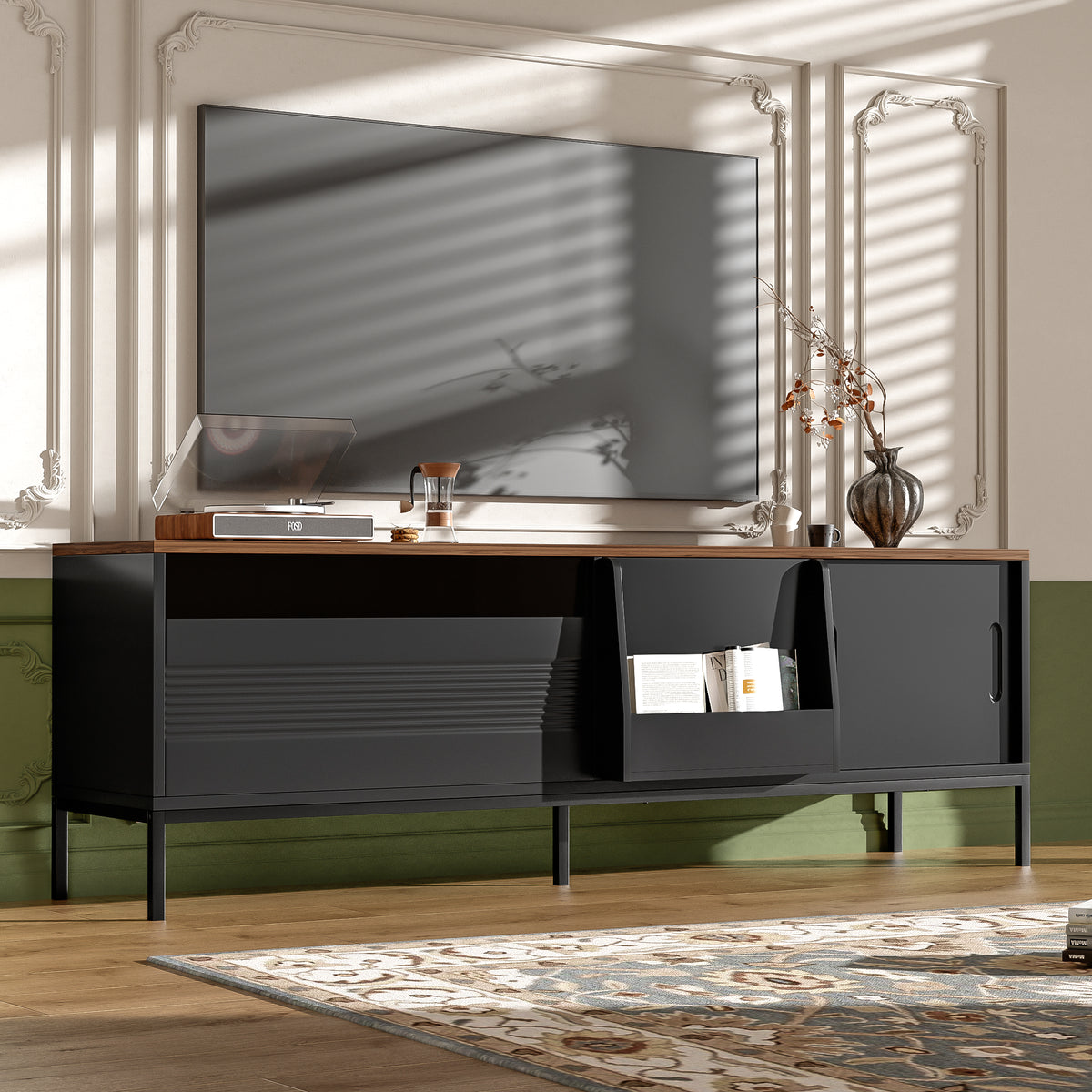 U-Can 70.8'' Modern TV Stand for TVs Up to 75" – Walnut, Metal Frame, Sliding Doors