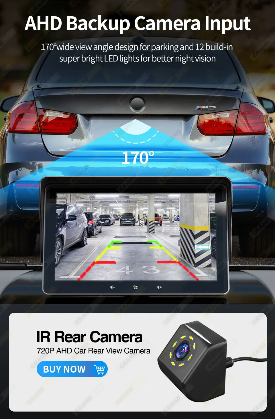 black 720p ahd car rear view camera with built-in led lights shown from the back side designed for seamless integration with a 7 inch wireless carplay display and cigarette lighter setup for enhanced car wireless carplay experience