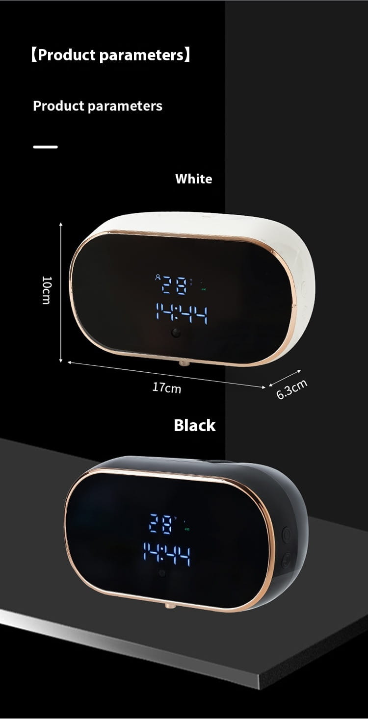black and rose gold automatic intelligent foam soap dispenser featuring a sleek white digital clock with a rounded rectangular design and gold-tone trim around the display for bathroom automatic intelligent use