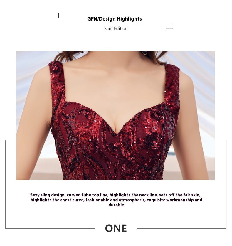 A deep red satin fishtail long summer sequins sling evening dress with sequined embroidery and a flattering square neckline.