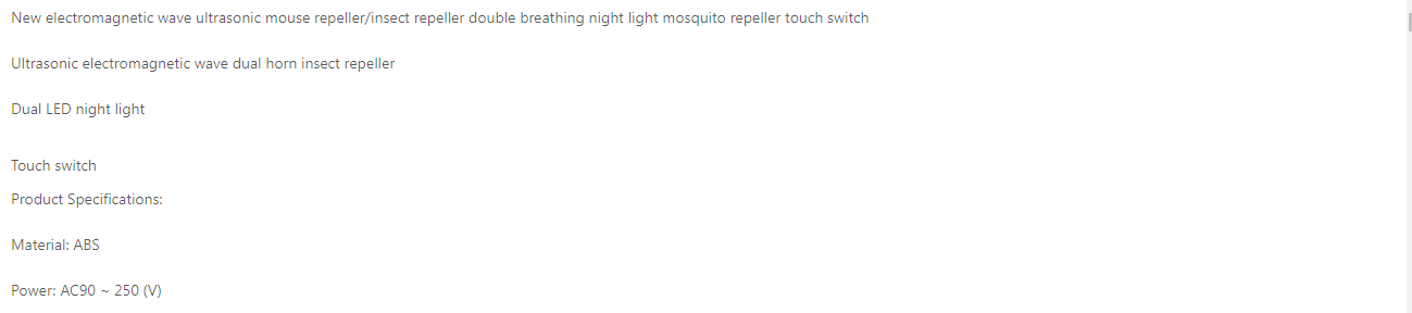 The electronic rat control device features an ultrasonic insect repeller with dual LED night lights and touch switch functionality made from ABS plastic for effective rat control.